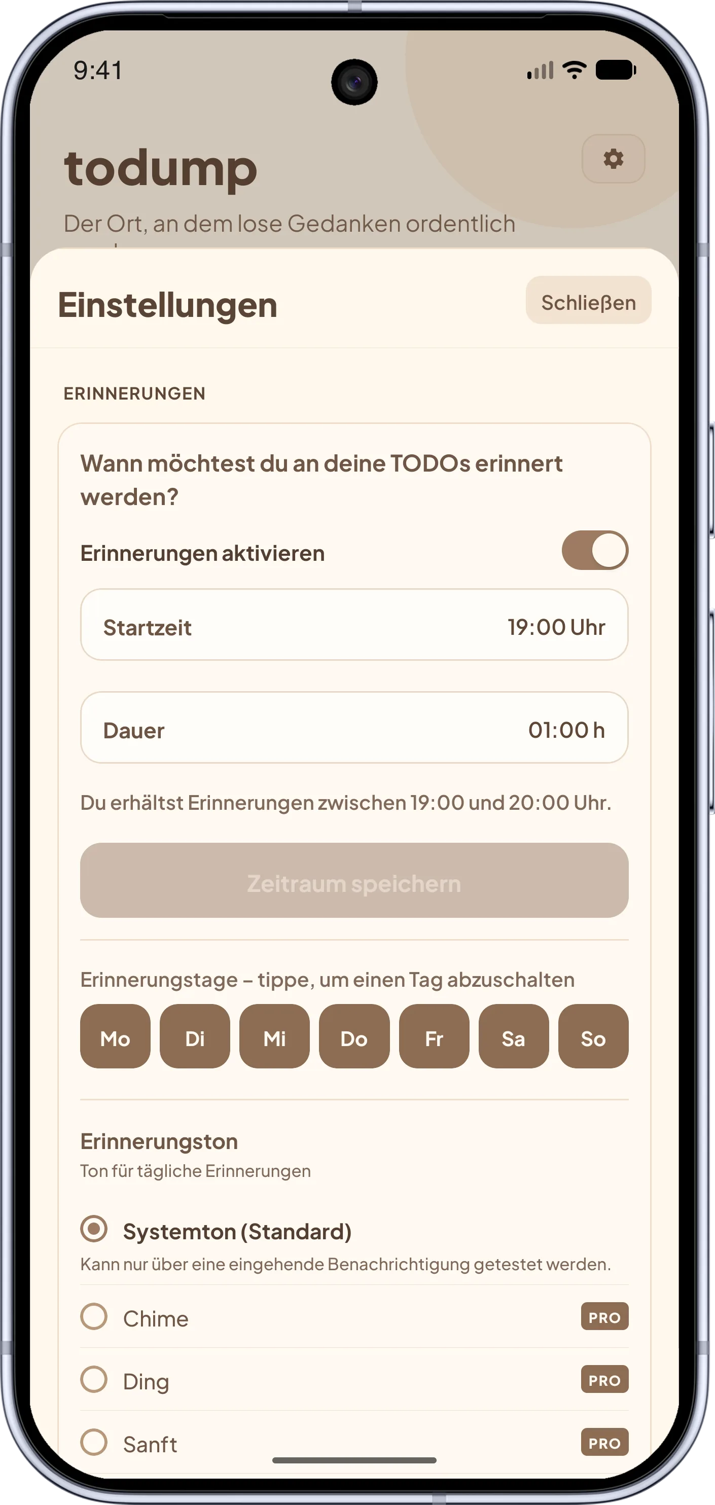 todump App – Einstellungen: Erinnerungsbenachrichtigungen mit Zeitfenster und Ton konfigurieren. PRO-Features hervorgehoben.