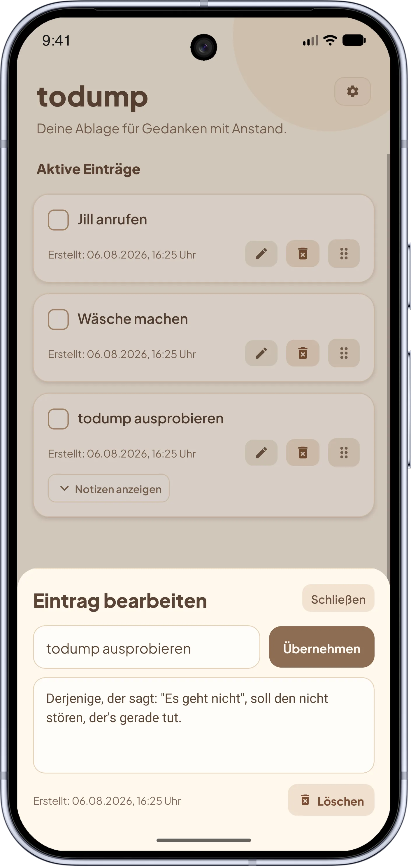 todump App – Eintrag bearbeiten: Text und Notiz eines TODOs direkt in der App anpassen.