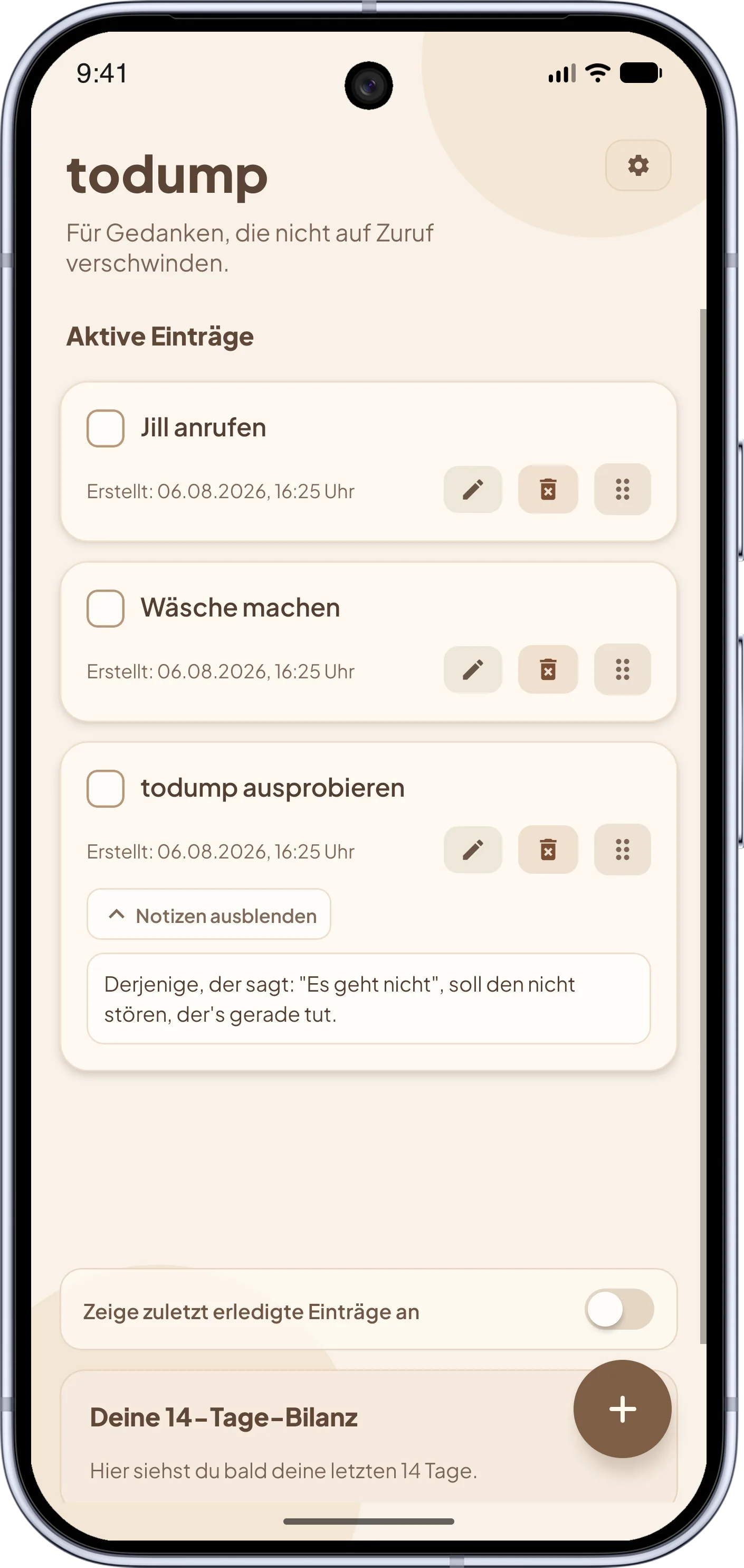 todump App – Hauptliste im hellen Design: Aktive Einträge auf einen Blick, übersichtlich und ohne Ablenkung.