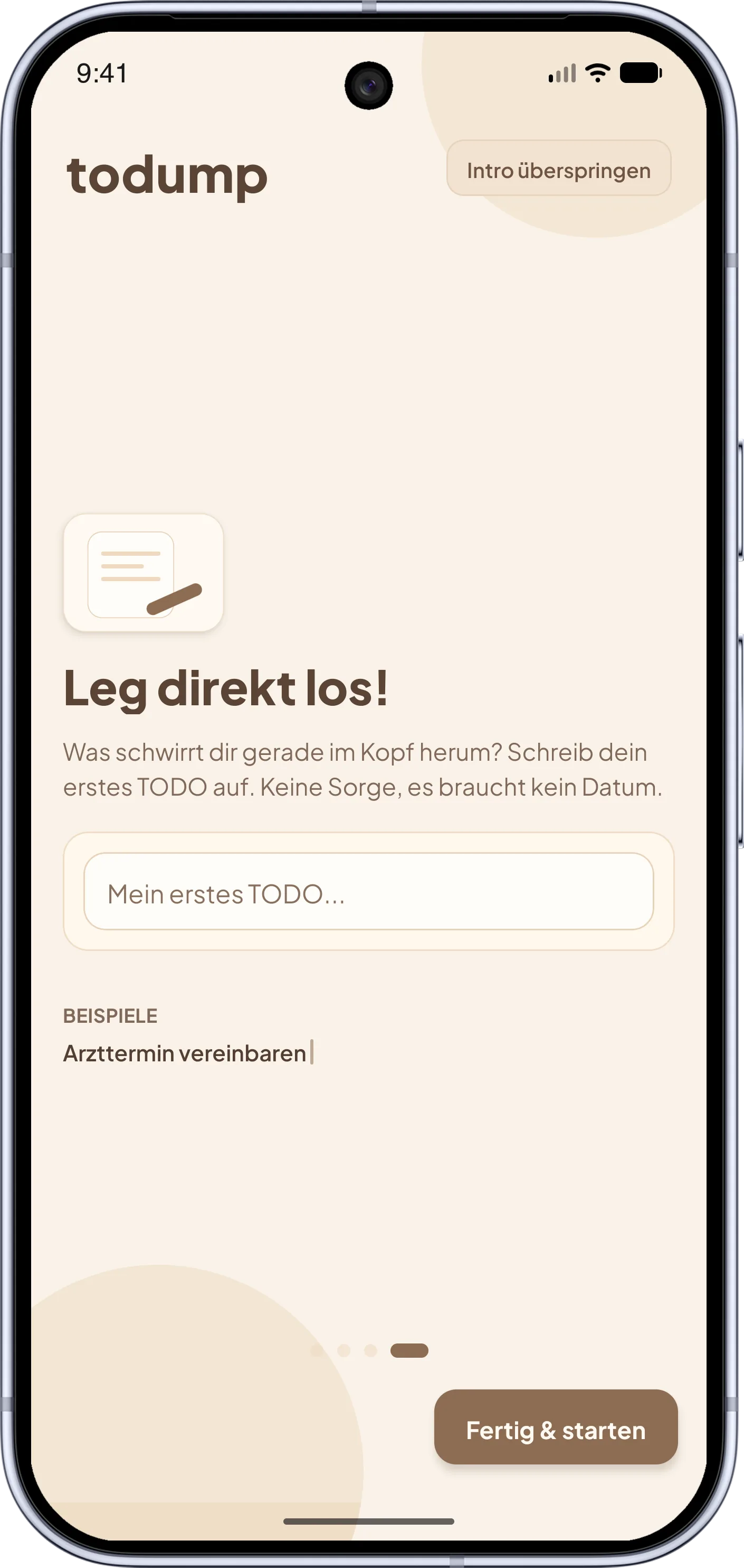 todump App – Onboarding: Ersten Eintrag erfassen. Einfaches Eingabefeld für ein TODO ohne Datum.