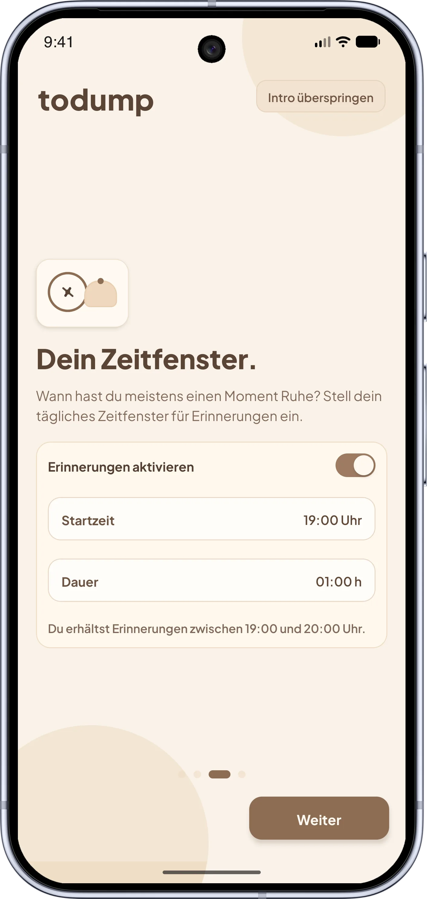 todump App – Onboarding: Tägliches Erinnerungsfenster einrichten. Startzeit und Dauer für Benachrichtigungen konfigurieren.