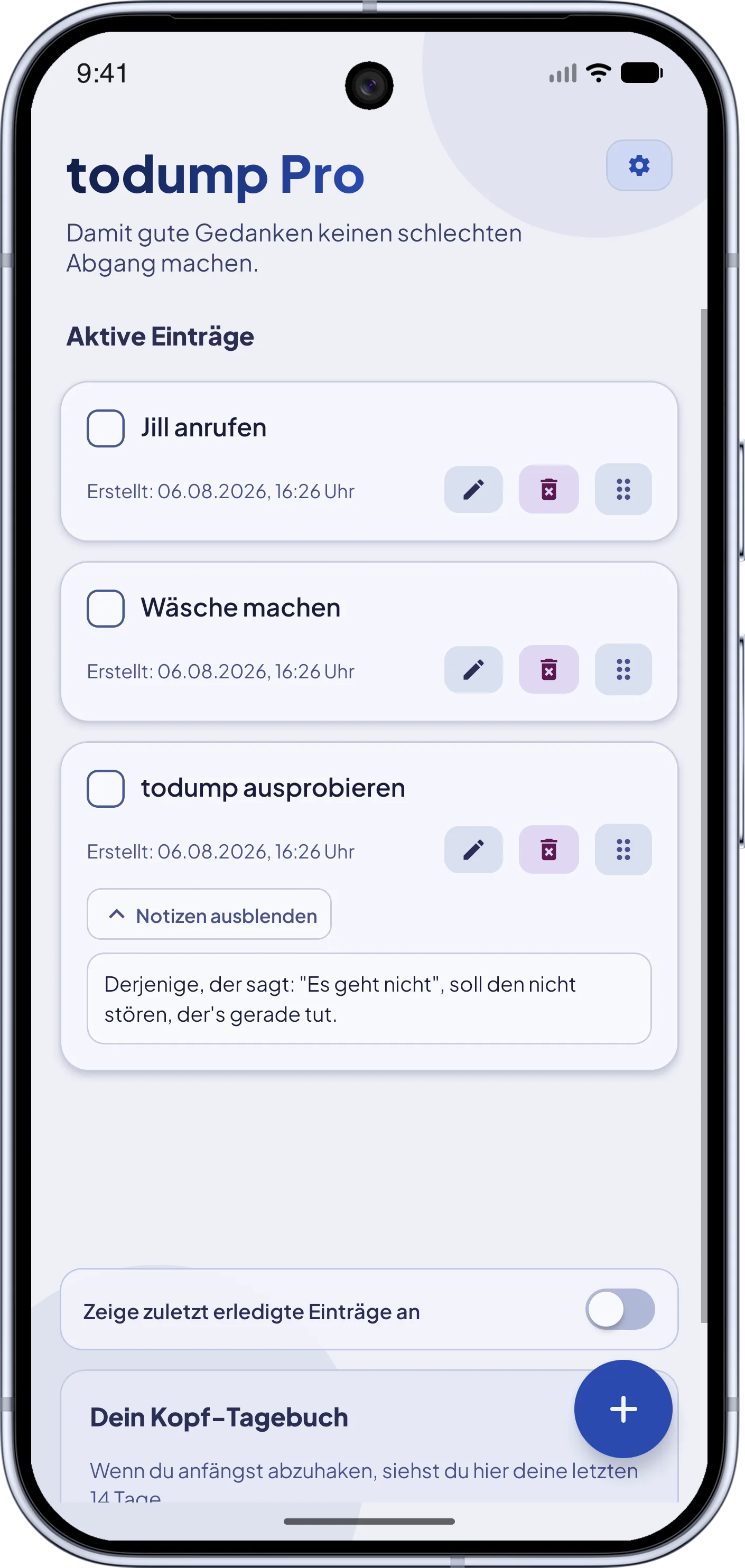 todump App – PRO-Theme „Cyberpunk-Ruhe“: kühles helles Design mit elektrisch-blauen Akzenten.