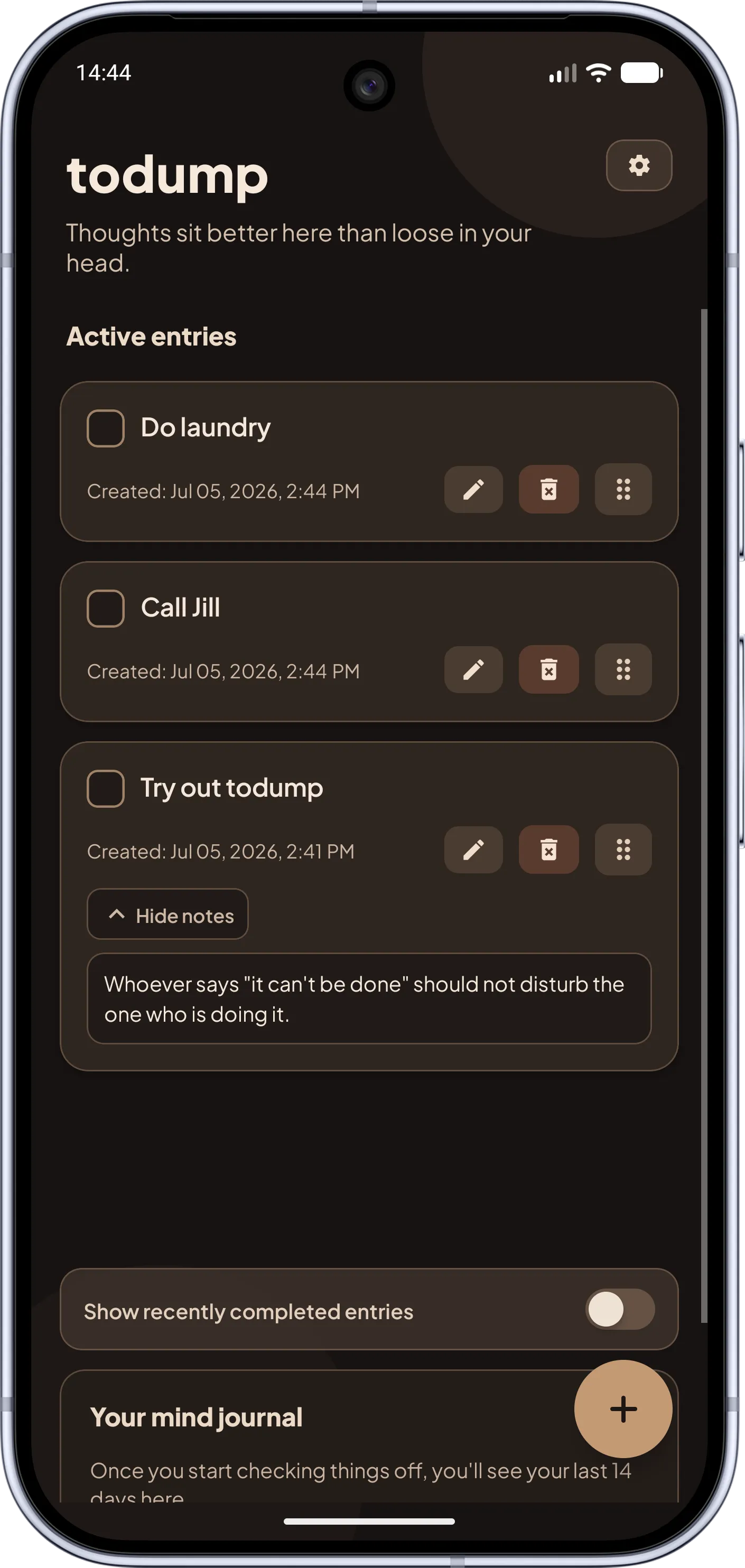 todump app – Main list in dark mode: Active entries in a calm, eye-friendly dark design.