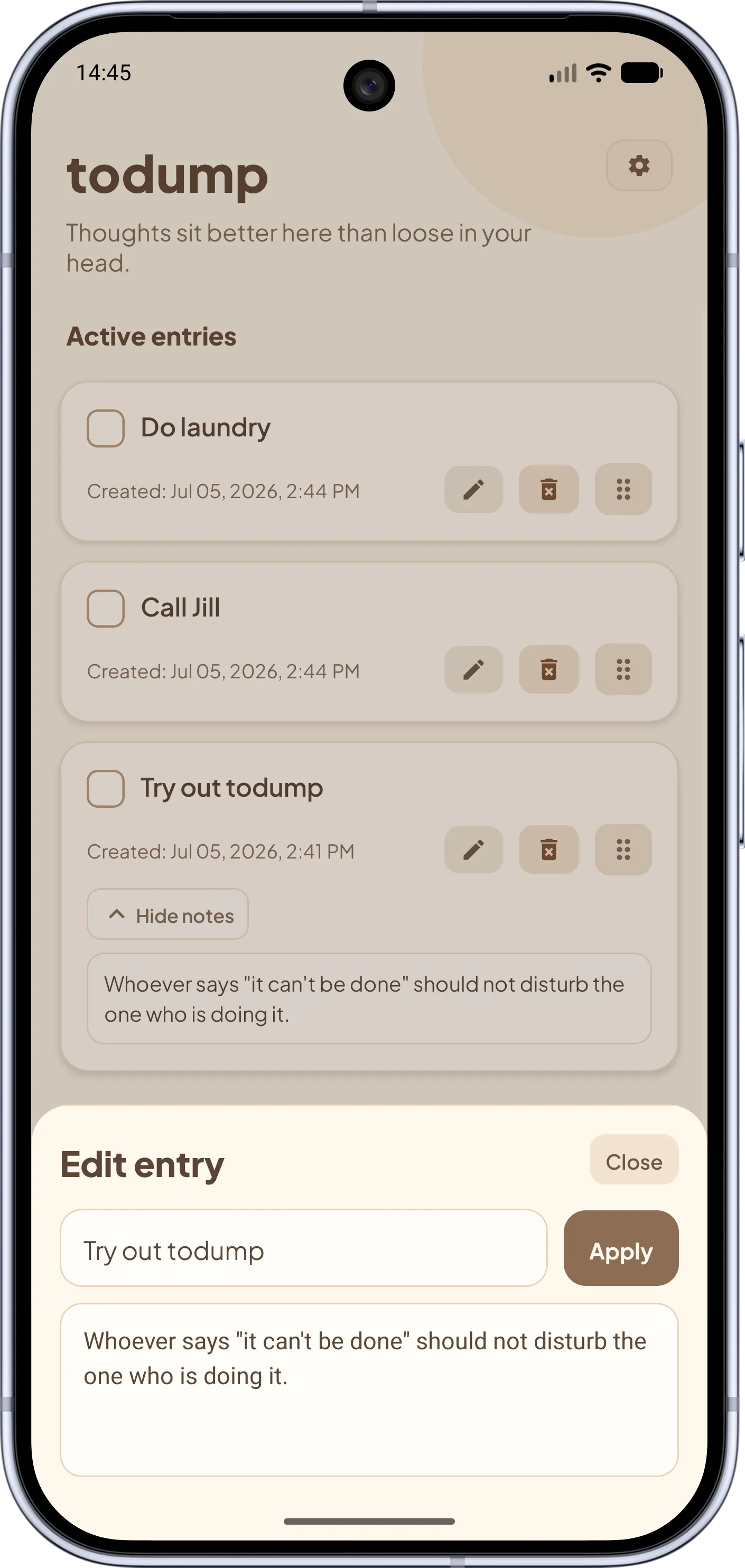 todump app – Edit entry: Update the text and notes of a TODO directly in the app.
