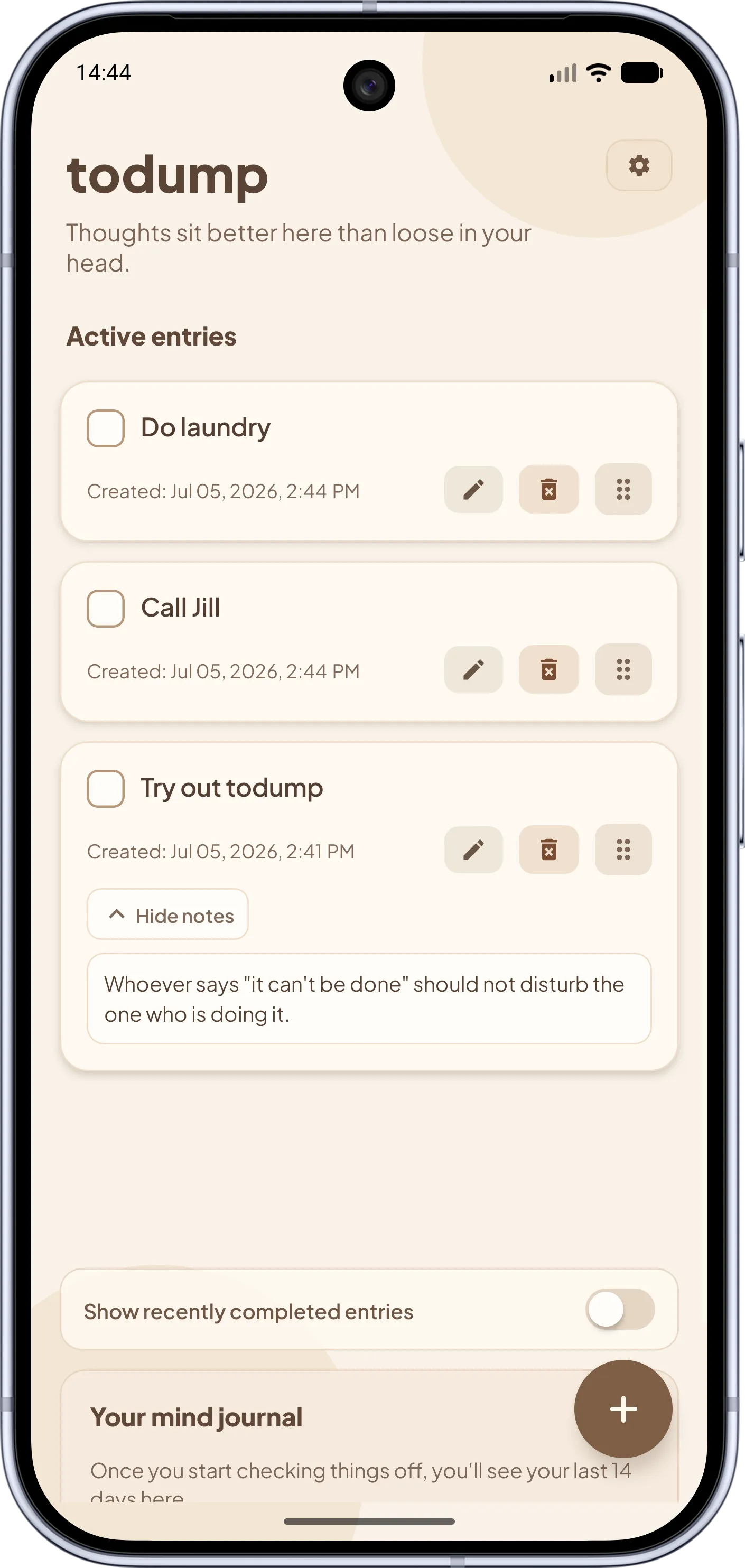 todump app – Main list in light mode: Active entries at a glance, clean and distraction-free.