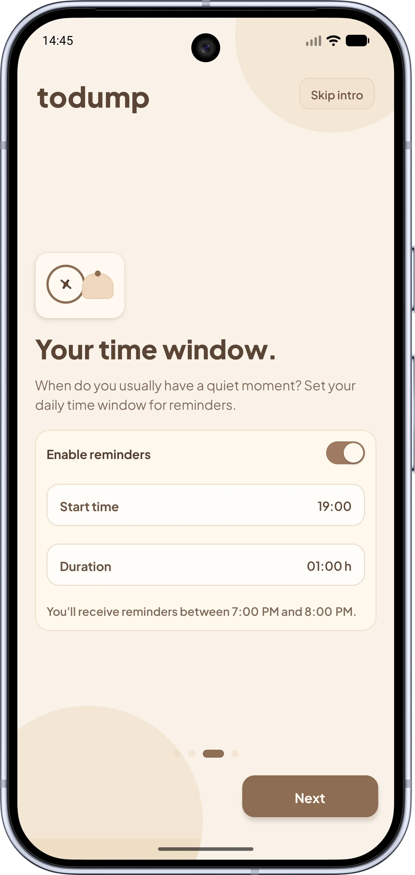 todump app – Onboarding: Set your daily reminder time window. Configure start time and duration for notifications.