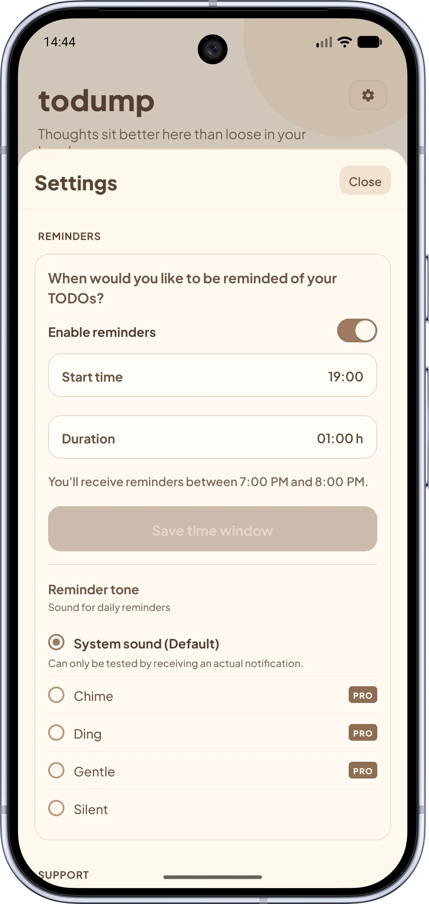 todump app – Settings: Configure reminder notifications with time window and reminder tone. PRO features highlighted.