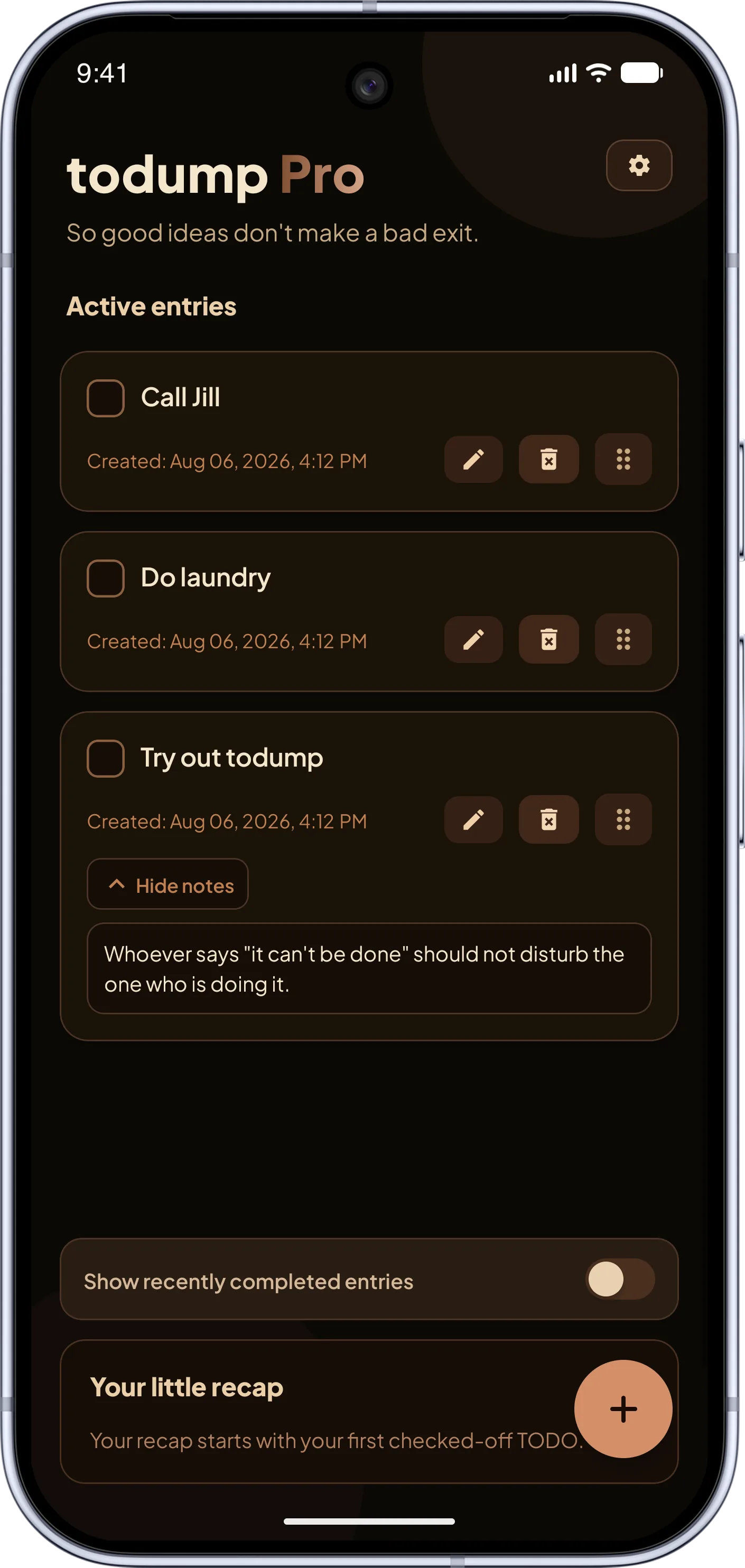 todump app – PRO theme "Caffeine Mode": a warm dark design with amber accents.