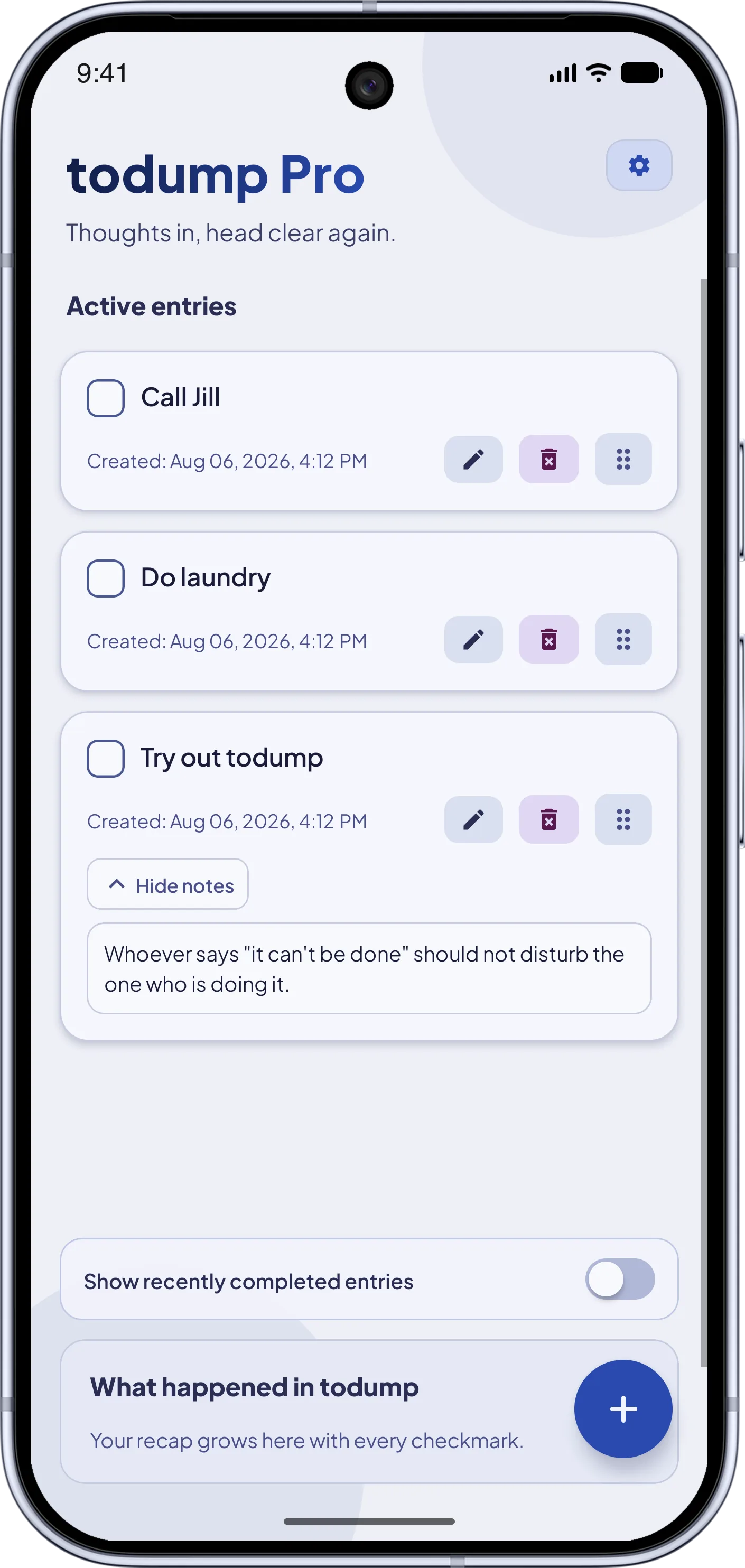 todump app – PRO theme "Cyberpunk Calm": a cool light design with electric blue accents.