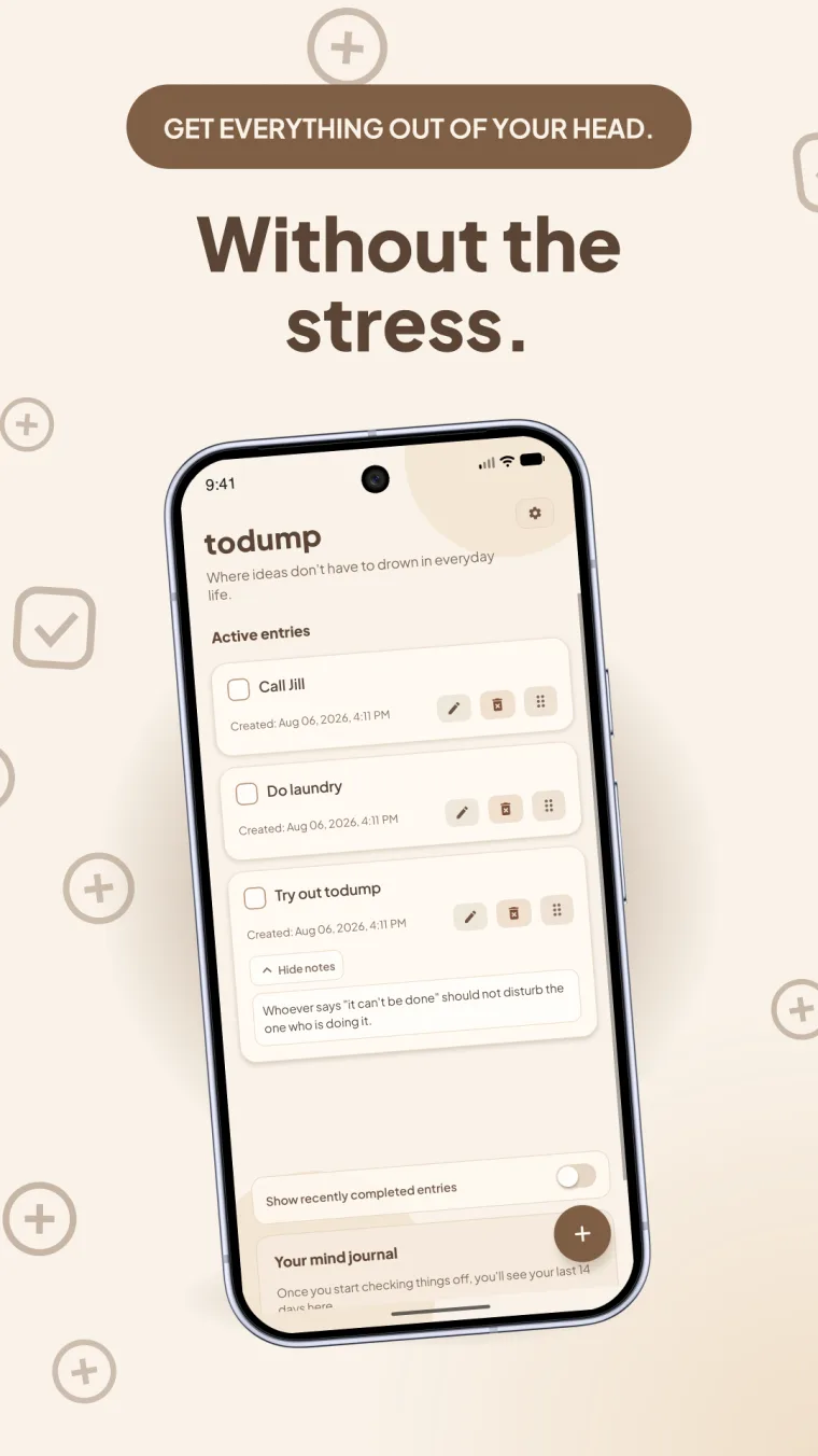 todump main list with the tagline "Get everything out of your head. Without the stress."