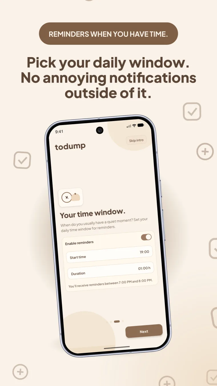 todump setting "Your time window": choose a start time and duration for daily reminders